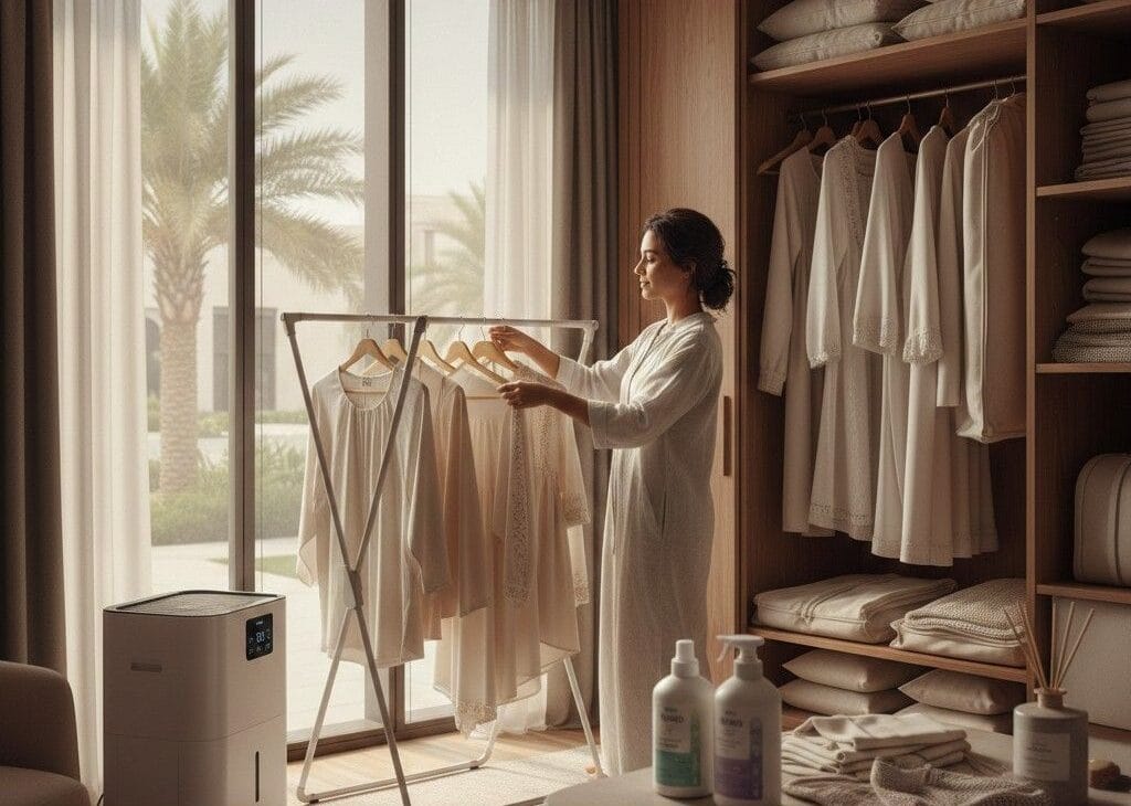 Woman folding freshly washed clothes at home, showing proper laundry habits that extend garment life in Qatar’s climate