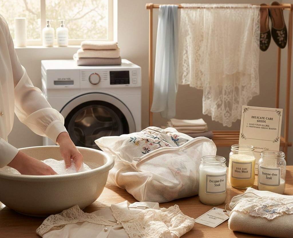 Hand washing delicate clothes safely with gentle detergent in a sink to protect fine fabrics
